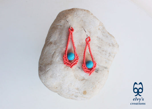 Orange Macrame Earrings Handmade Silver Earrings with Turquoise Gemstones