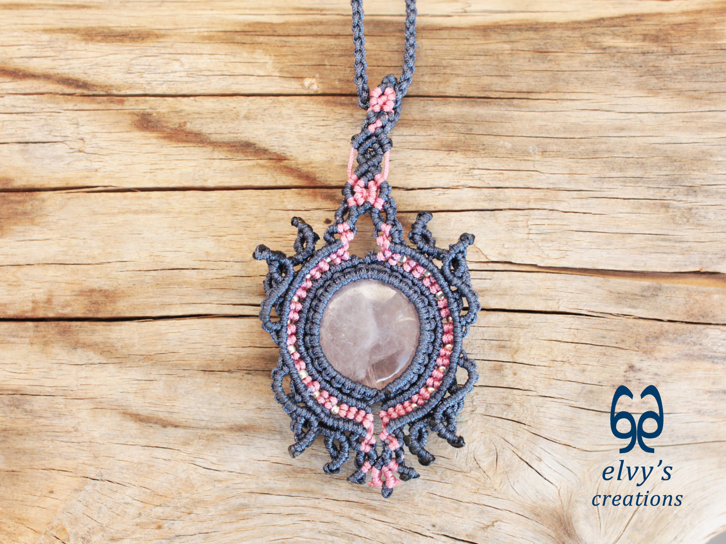 Pink and Grey Handmade Macrame Necklace with Moonstone Gemstones, Boho Grey Necklace