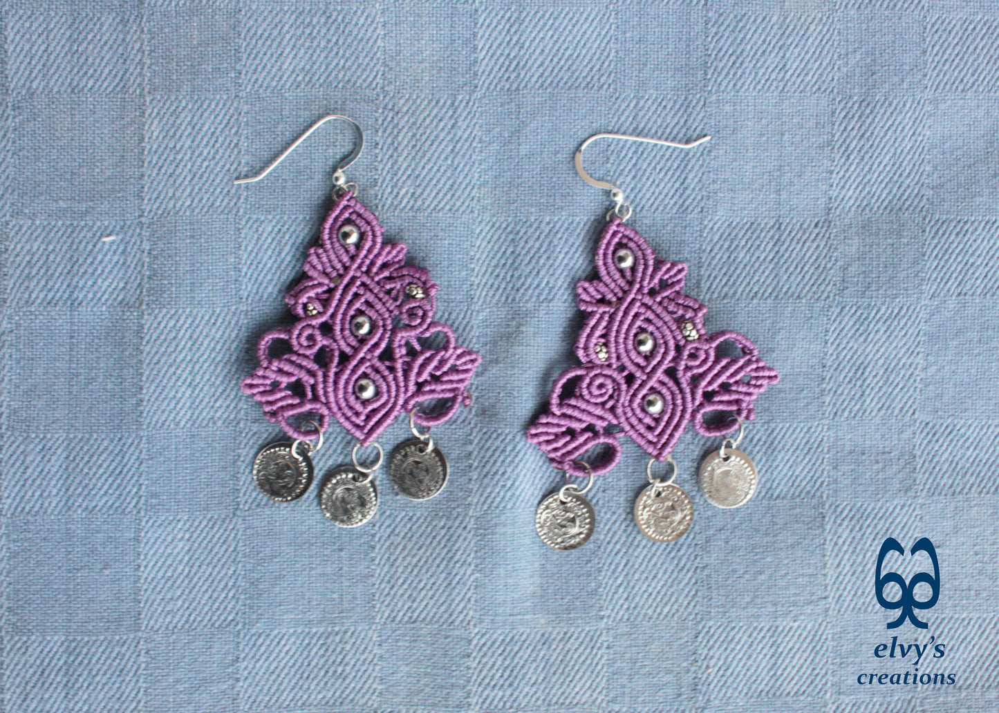 Purple Handmade Macrame Silver Earrings Dangle with Hematite Gemstones Silver Coins