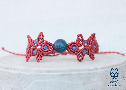 Handmade Red Macrame Bracelet with Azurite Adjustable Boho Cuff