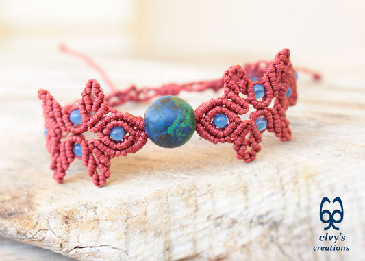 Handmade Red Macrame Bracelet with Azurite Adjustable Boho Cuff
