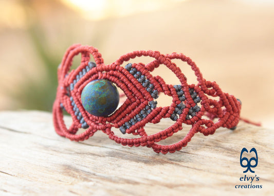 Red Macrame Bracelet with Blue Azurite Gemstone Boho Macrame Adjustable Bracelet