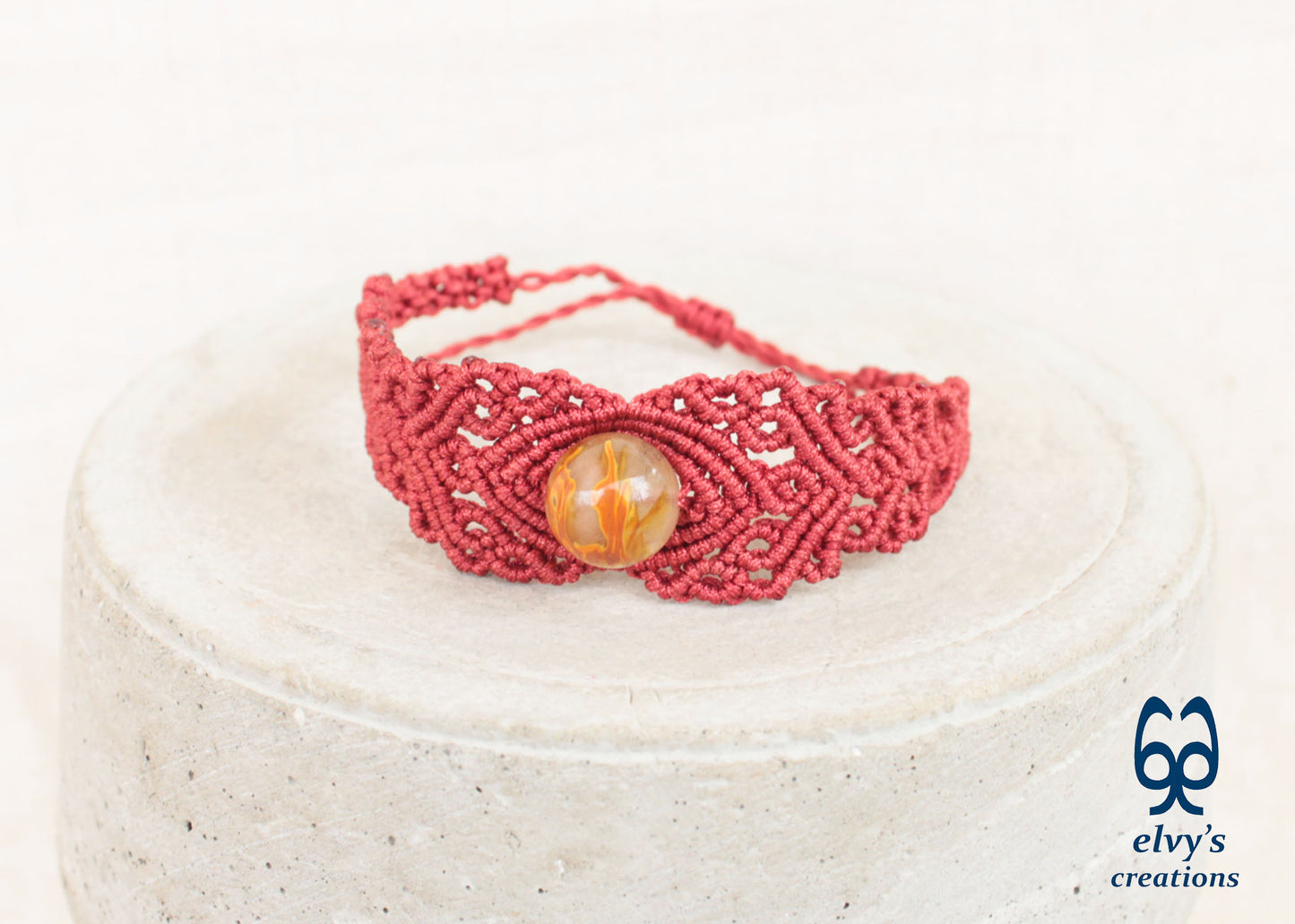 Red Macrame Bracelet with Crystal Quartz Gemstone, Handmade Unique Birthday Gift for Women