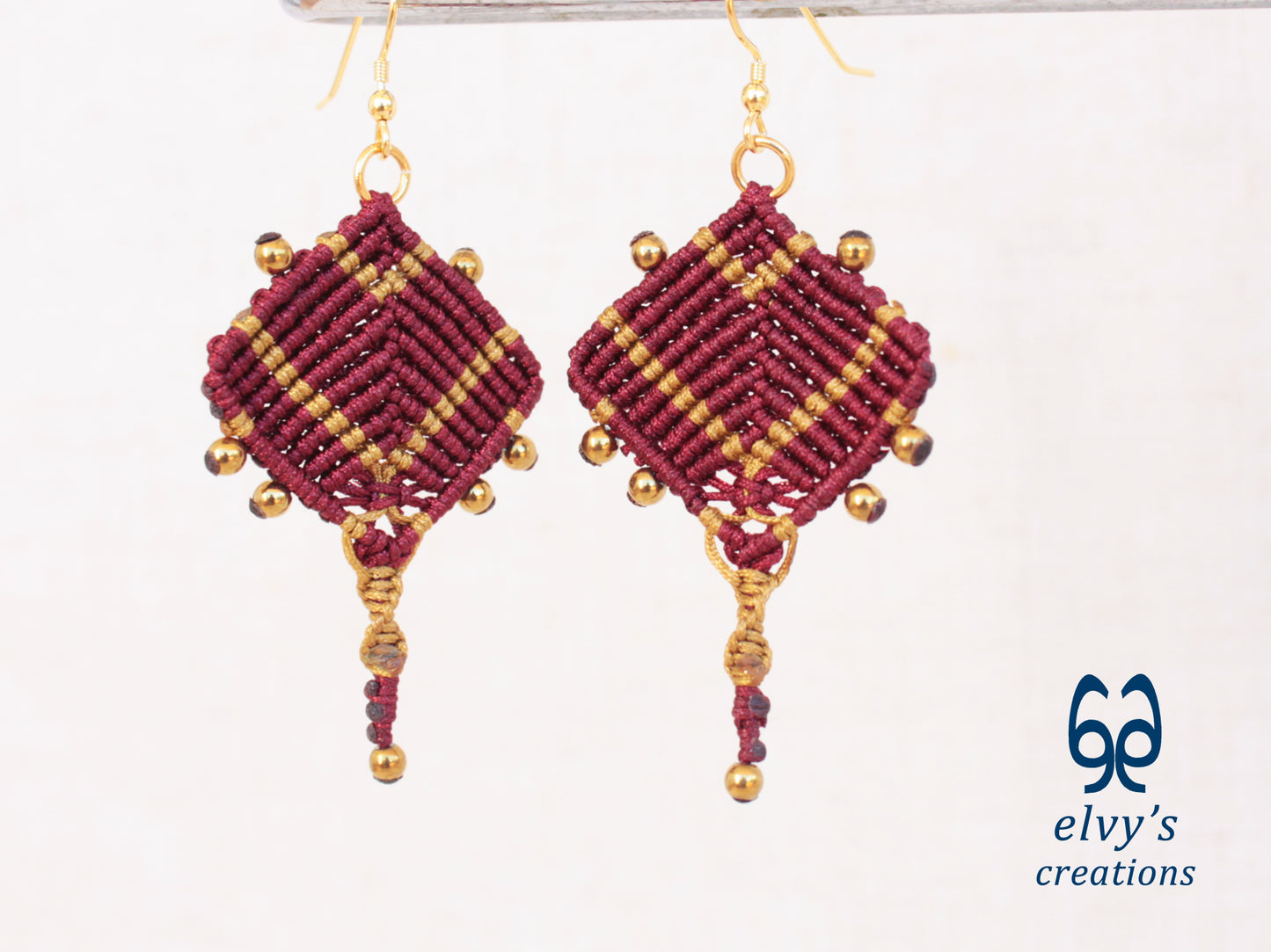 Red Macrame Earrings with Gold Hematite