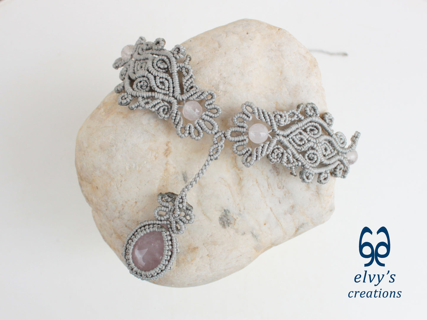 Silver Handmade Macrame Necklace, Pink Quartz Gemstones, Boho Grey Necklace