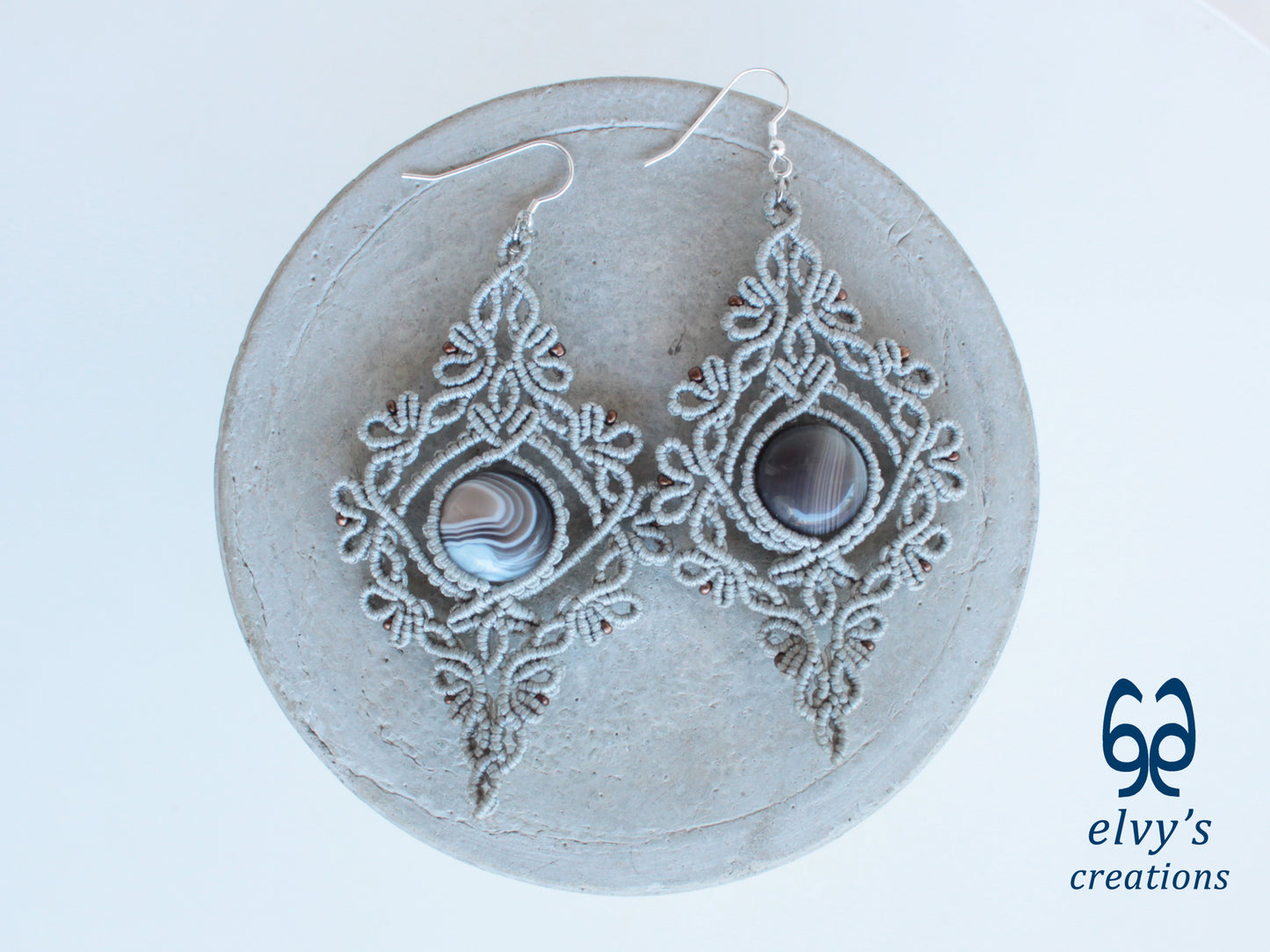 Handmade Silver Macrame Earrings with Agate Gemstones Silver Macrame Jewelry