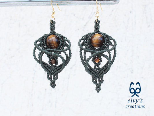 Handmade Macramé Green Earrings with Tiger Eye Gemstones Dangle Earrings