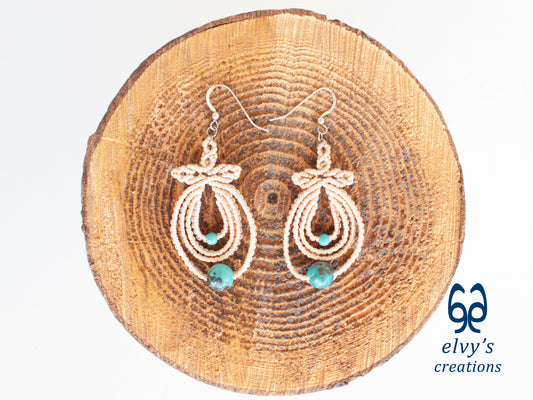 Handmade Beige Boho Macrame Earrings Silver Dangle with Turquoise Gemstones