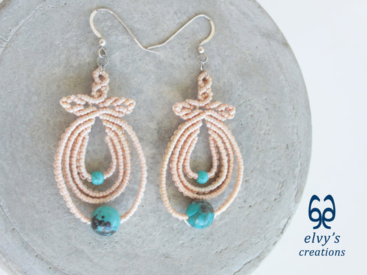 Handmade Beige Boho Macrame Earrings Silver Dangle with Turquoise Gemstones