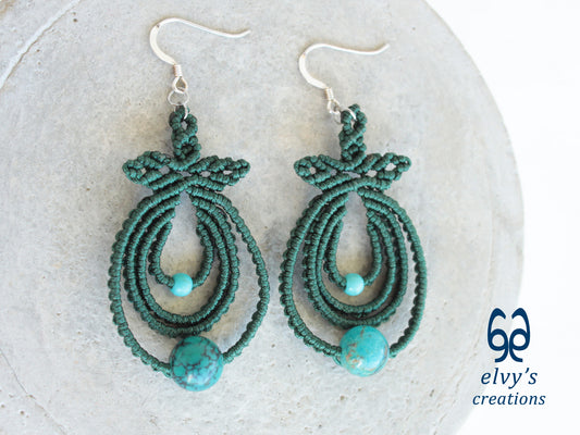 Dark Green Macrame Earrings with Turquoise Gemstones