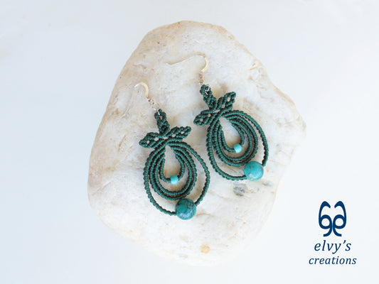 Handmade Green Boho Macrame Earrings Silver Dangle with Turquoise Gemstones