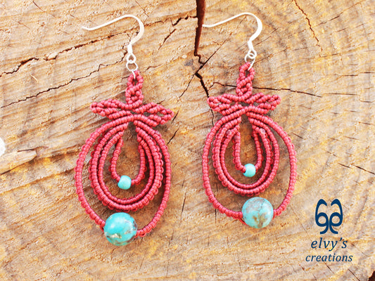 Handmade Dark Red Boho Macrame Earrings Silver Dangle with Turquoise Gemstones
