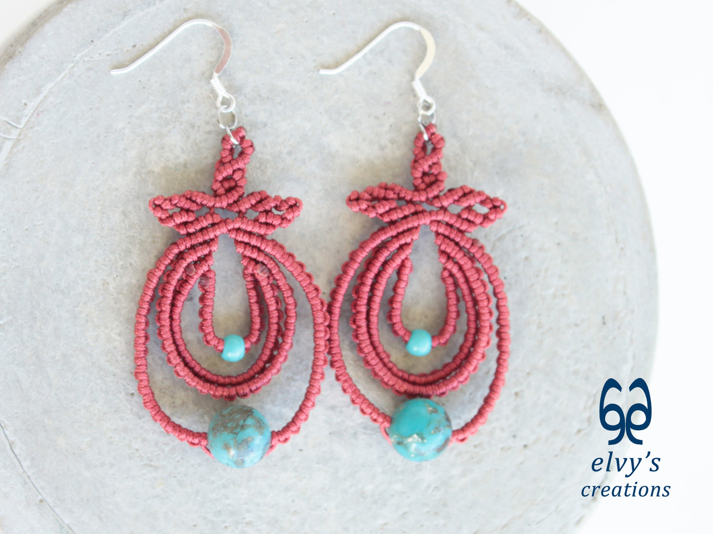 Handmade Dark Red Boho Macrame Earrings Silver Dangle with Turquoise Gemstones