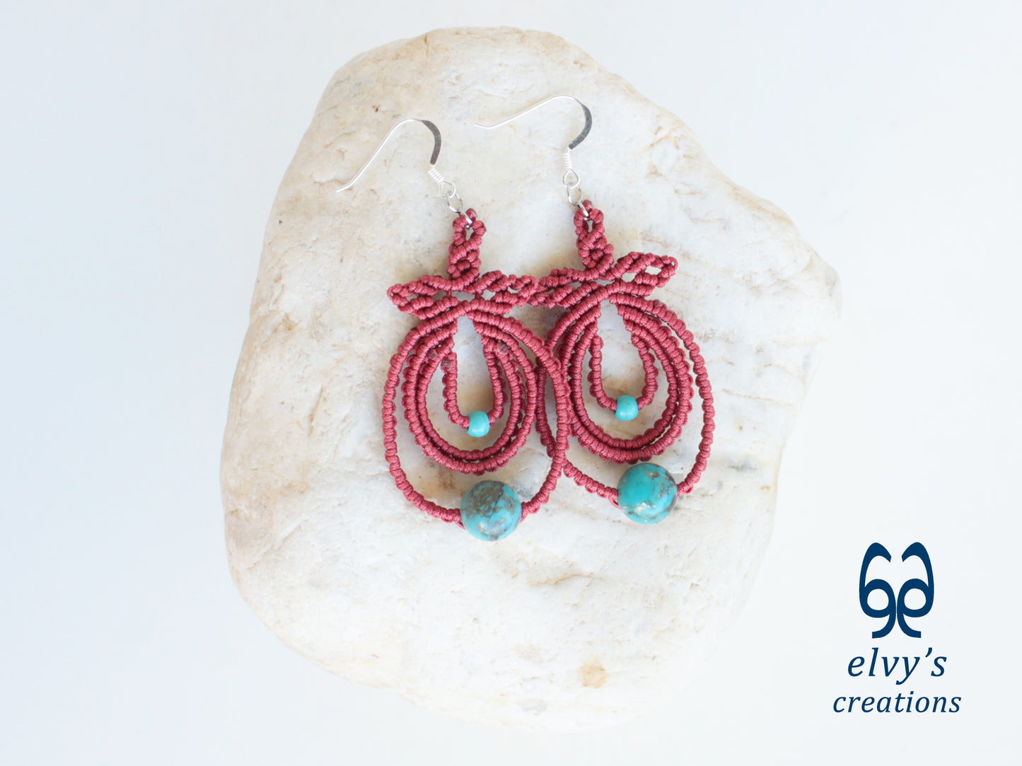 Handmade Dark Red Boho Macrame Earrings Silver Dangle with Turquoise Gemstones