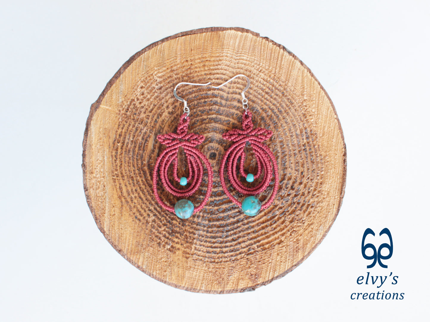 Handmade Dark Red Boho Macrame Earrings Silver Dangle with Turquoise Gemstones