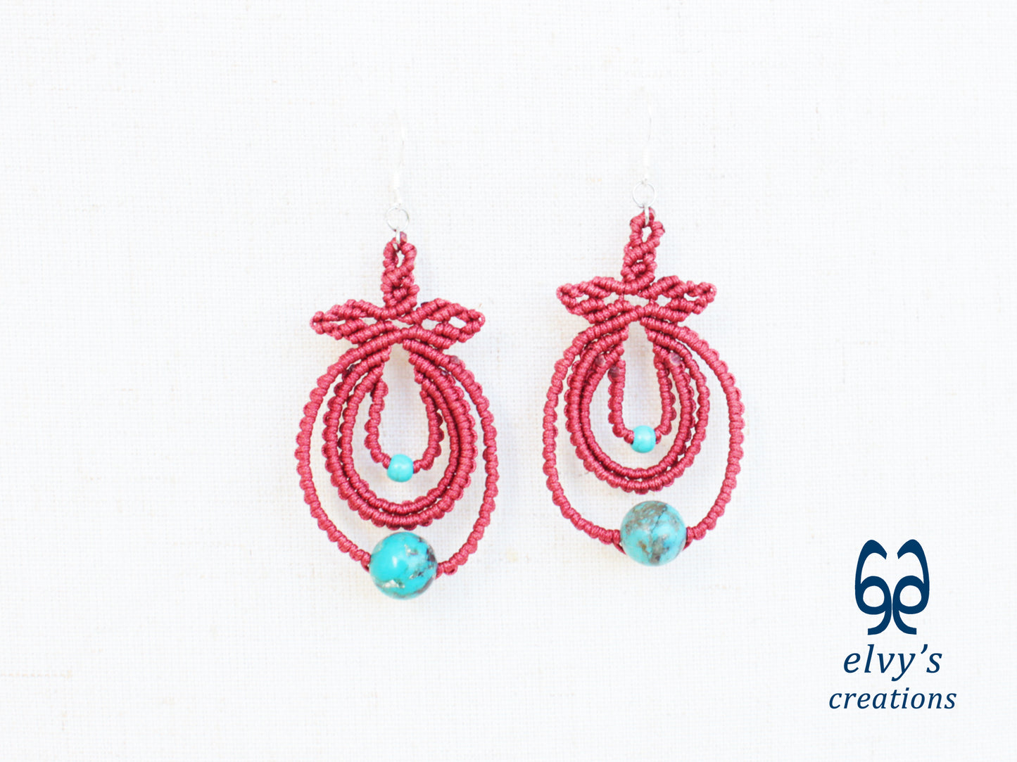 Handmade Dark Red Boho Macrame Earrings Silver Dangle with Turquoise Gemstones