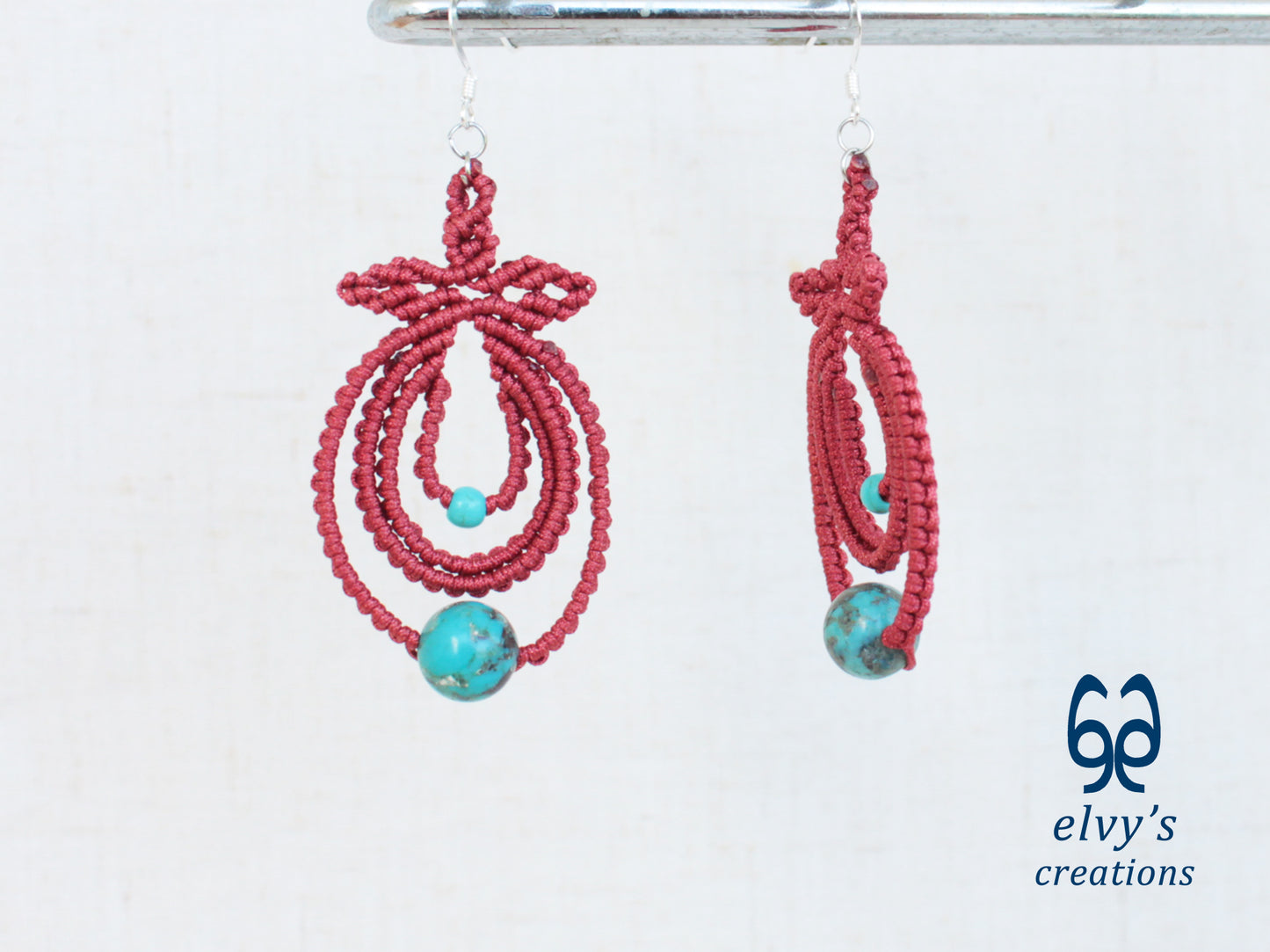 Handmade Dark Red Boho Macrame Earrings Silver Dangle with Turquoise Gemstones