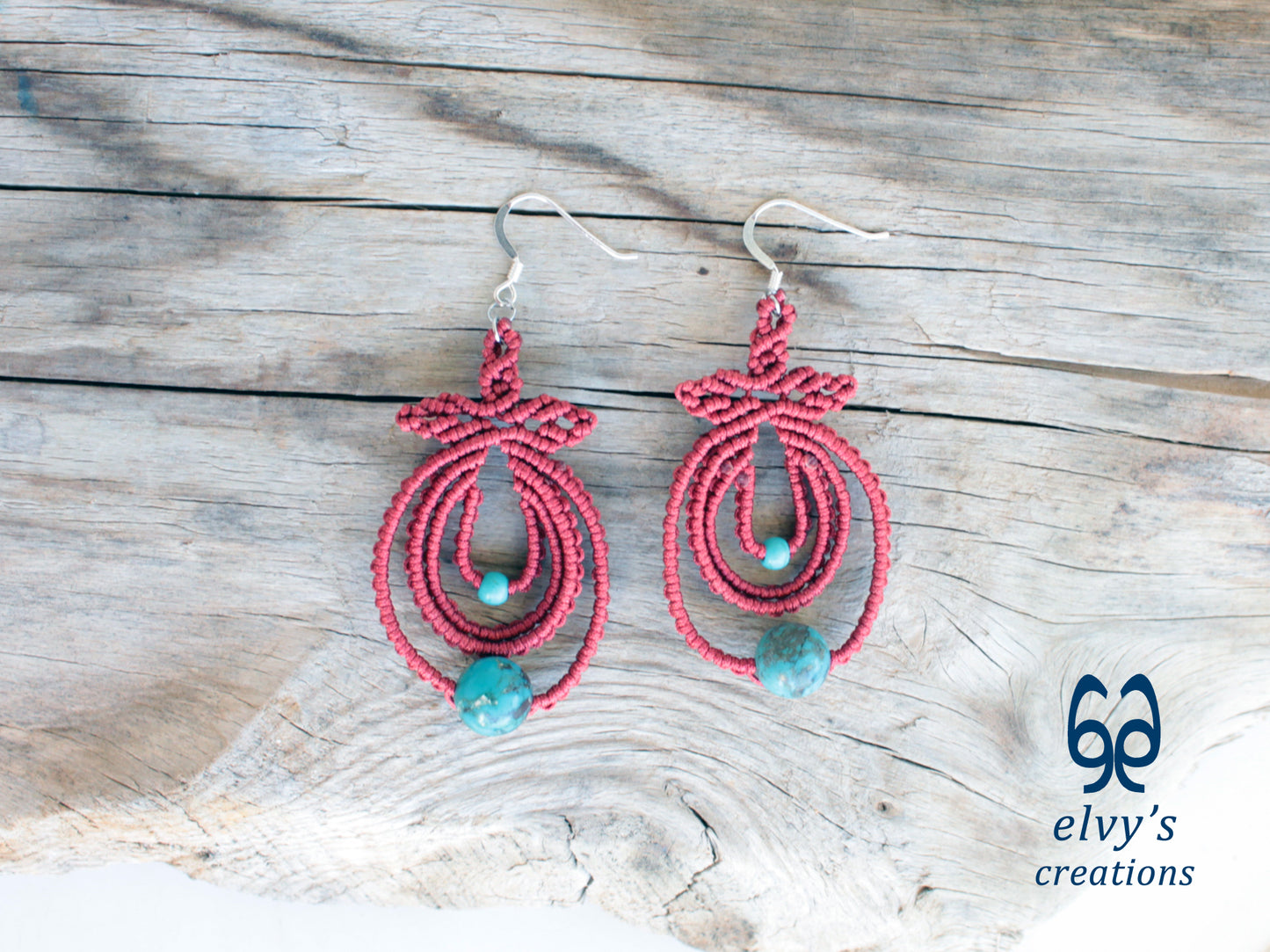Handmade Dark Red Boho Macrame Earrings Silver Dangle with Turquoise Gemstones