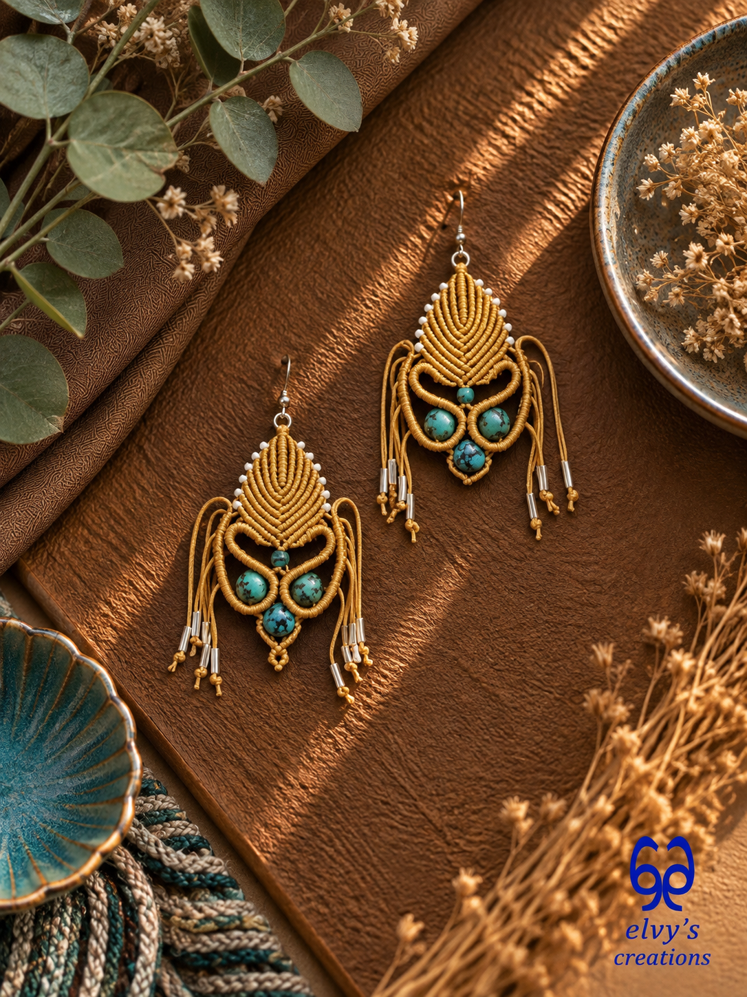 Golden Macrame Earrings with Turquoise Gemstones Gold Silver Earrings