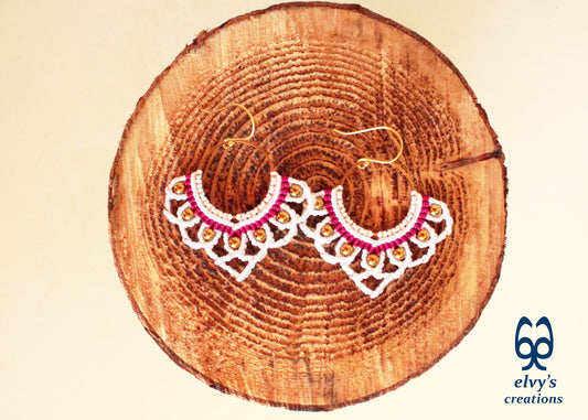 White Macrame Earrings with Hematite Gemstones Lotus Gold Hoop Earrings