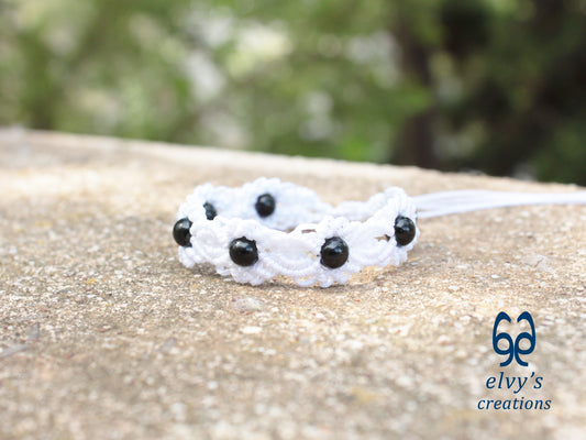 White Macrame Bracelet with Onyx Gemstones