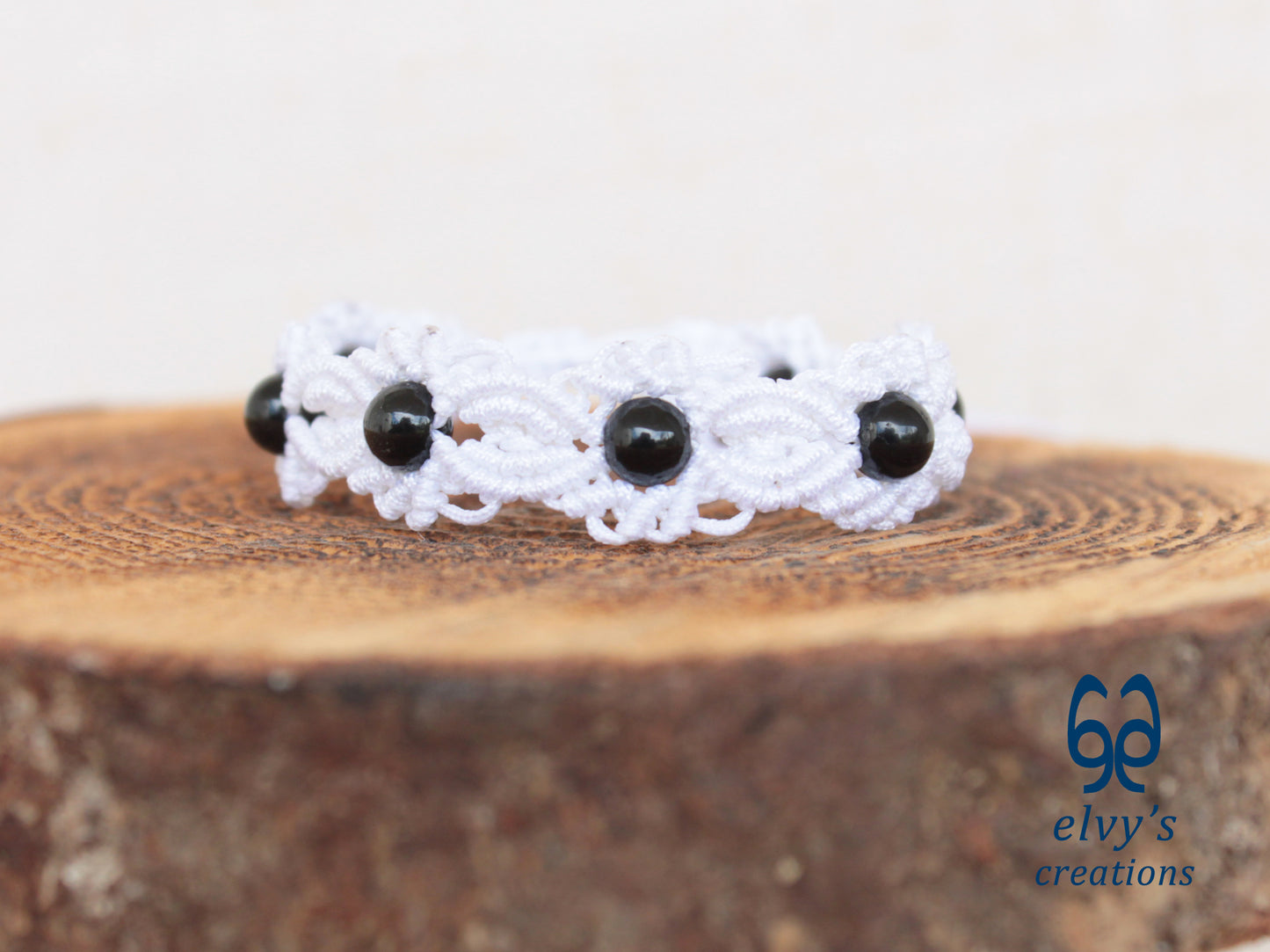 White Handmade Macrame Bracelet, Black Onyx Gemstone Beaded Cuff, Unique Birthday Gift for Women or Men