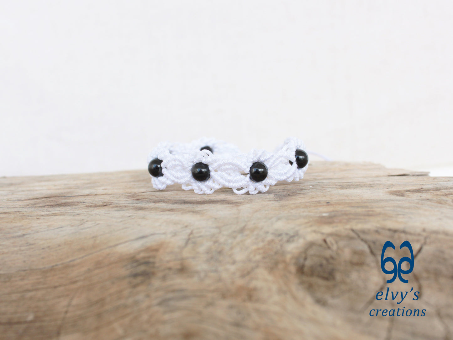 White Handmade Macrame Bracelet, Black Onyx Gemstone Beaded Cuff, Unique Birthday Gift for Women or Men