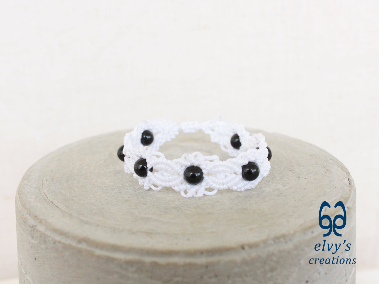 White Handmade Macrame Bracelet, Black Onyx Gemstone Beaded Cuff, Unique Birthday Gift for Women or Men