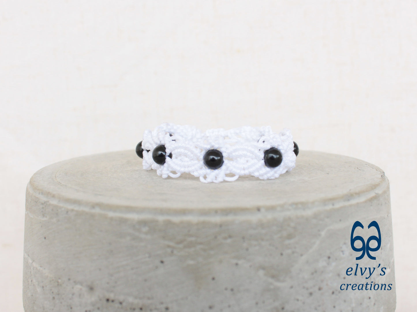 White Handmade Macrame Bracelet, Black Onyx Gemstone Beaded Cuff, Unique Birthday Gift for Women or Men