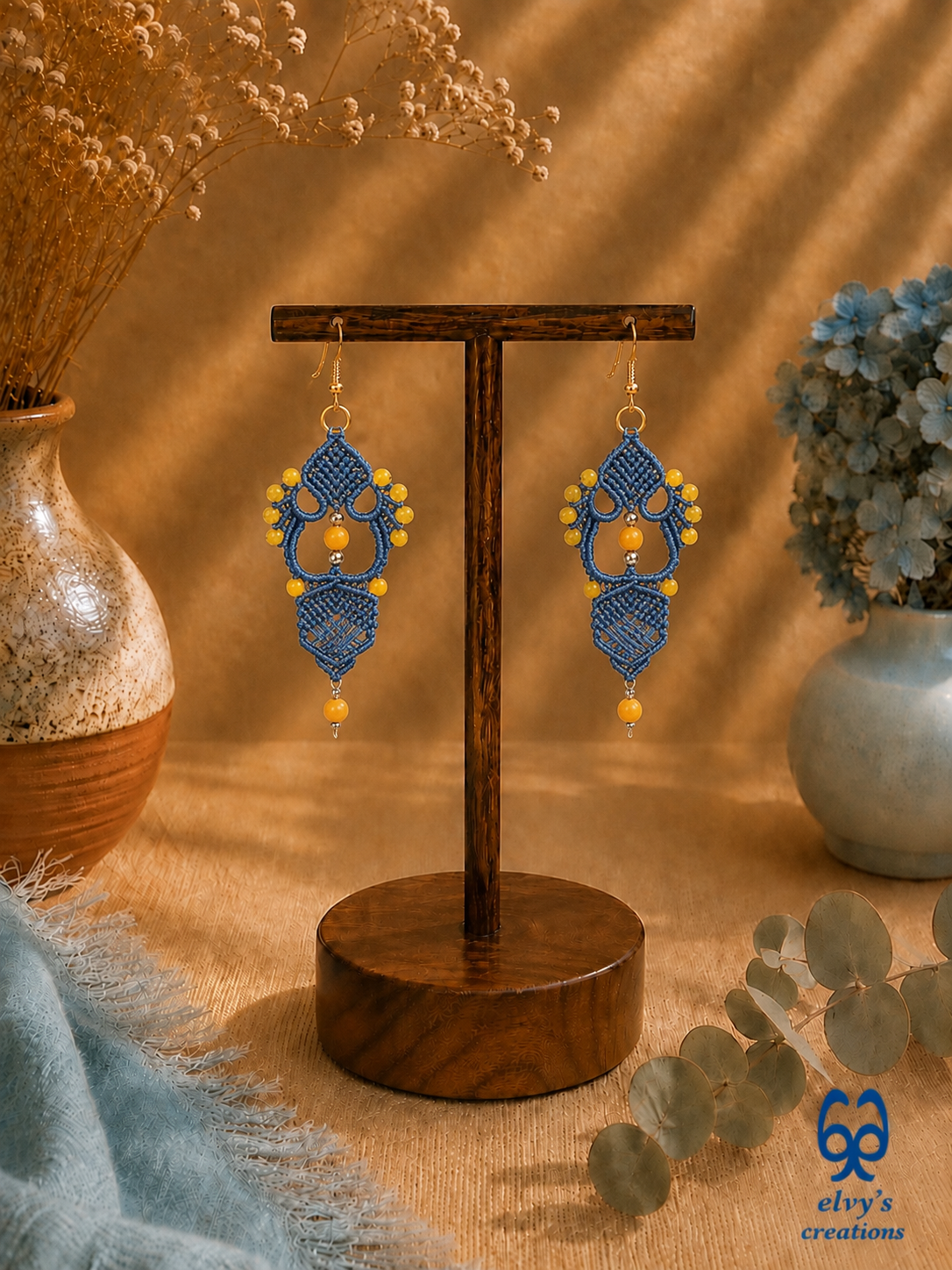 Handmade Blue Macrame Earrings with Agate Gemstones Macrame Jewelry