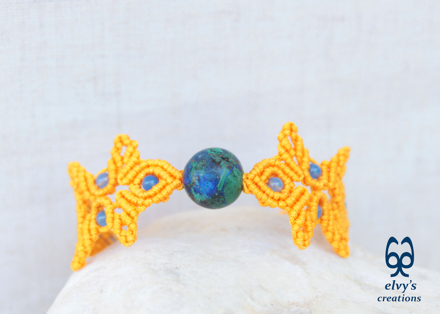 Handmade Yellow Macrame Bracelet with Azurite Adjustable Boho Cuff