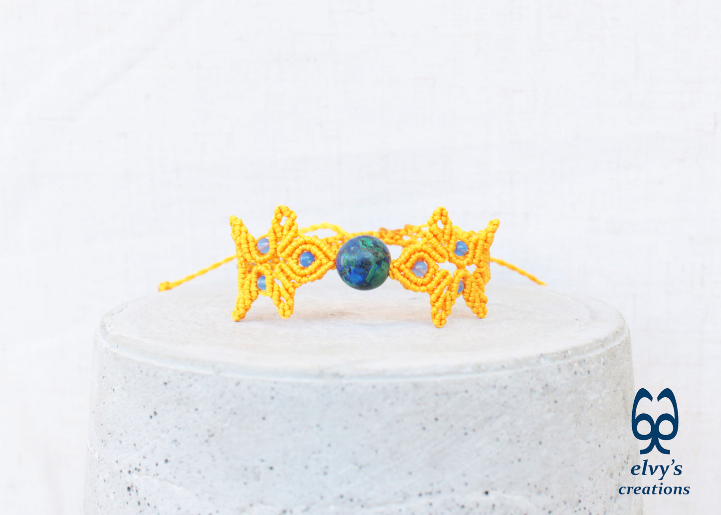 Handmade Yellow Macrame Bracelet with Azurite Adjustable Boho Cuff