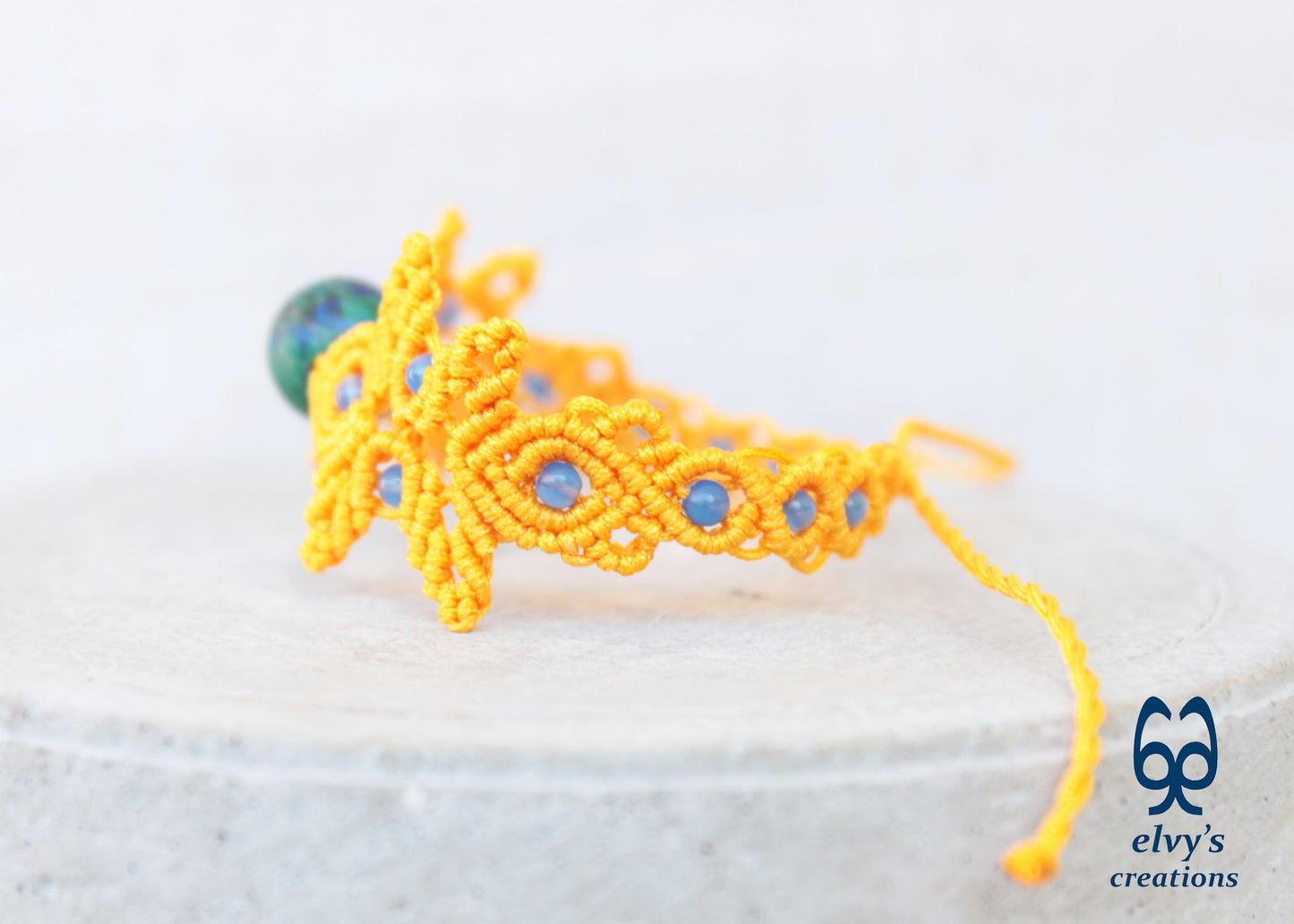 Handmade Yellow Macrame Bracelet with Azurite Adjustable Boho Cuff