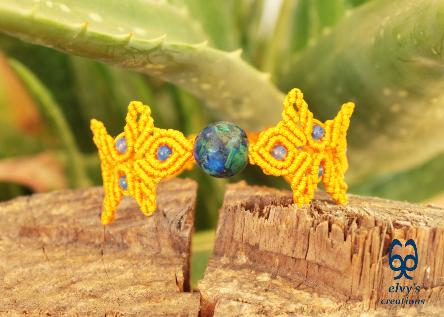 Handmade Yellow Macrame Bracelet with Azurite Adjustable Boho Cuff