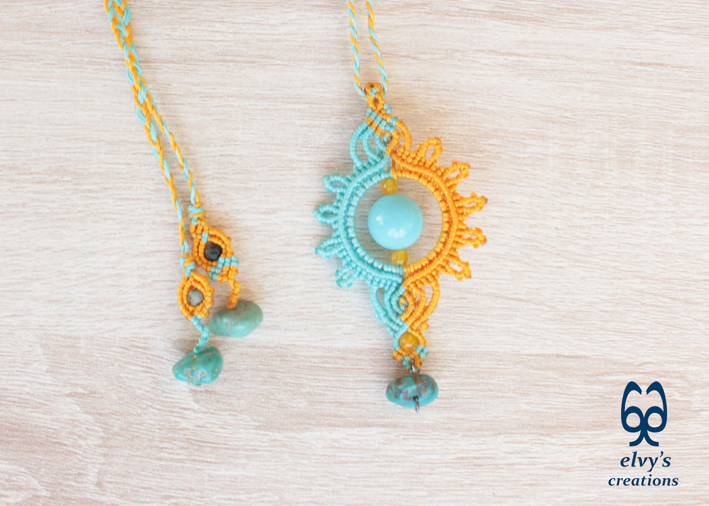 Yellow Macrame Necklace with Turquoise Gemstones Yellow Sun Dangle Agate Pendant