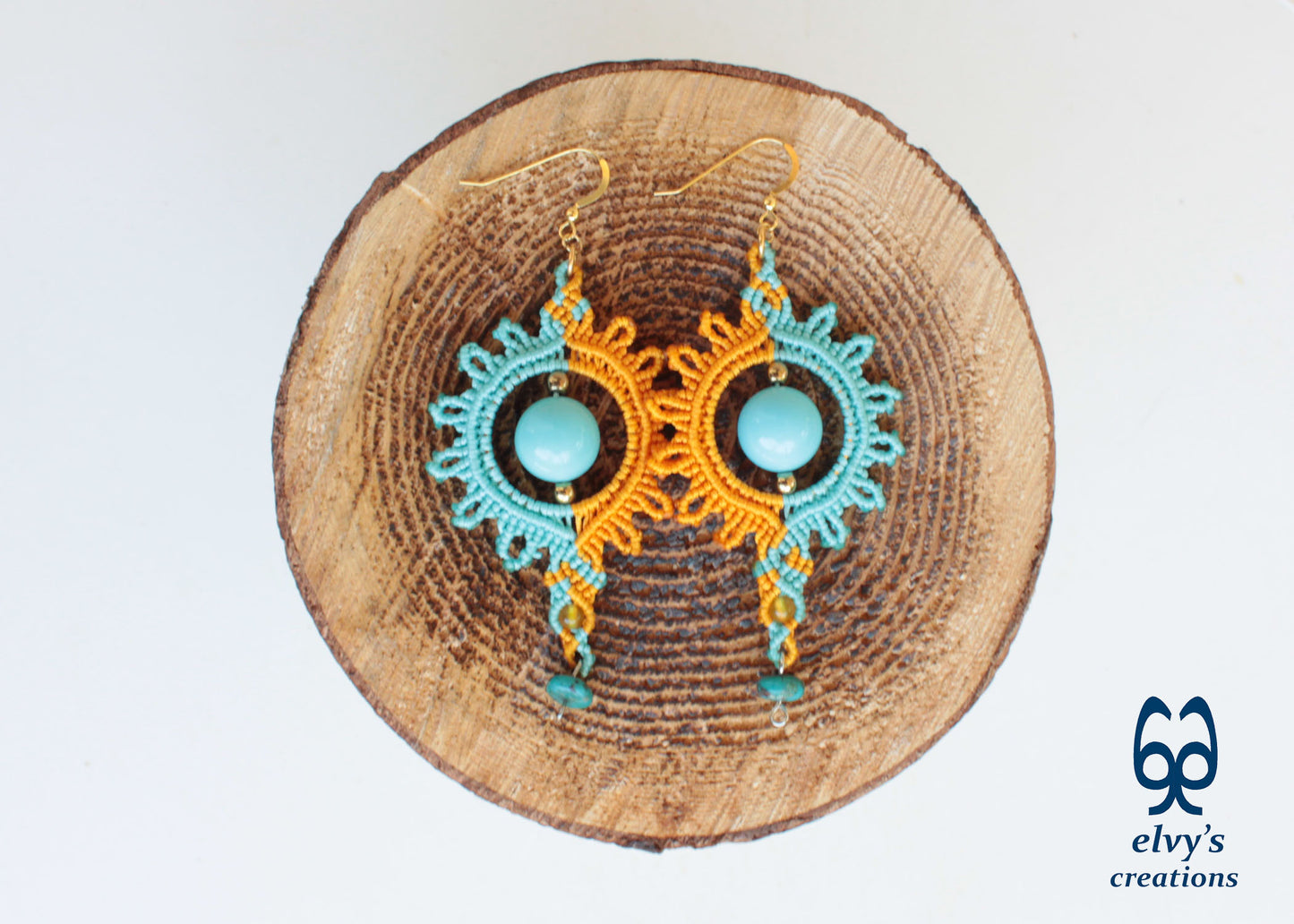 Yellow Macrame Earrings with Turquoise Gemstones Yellow Sun Dangle Agate Earrings