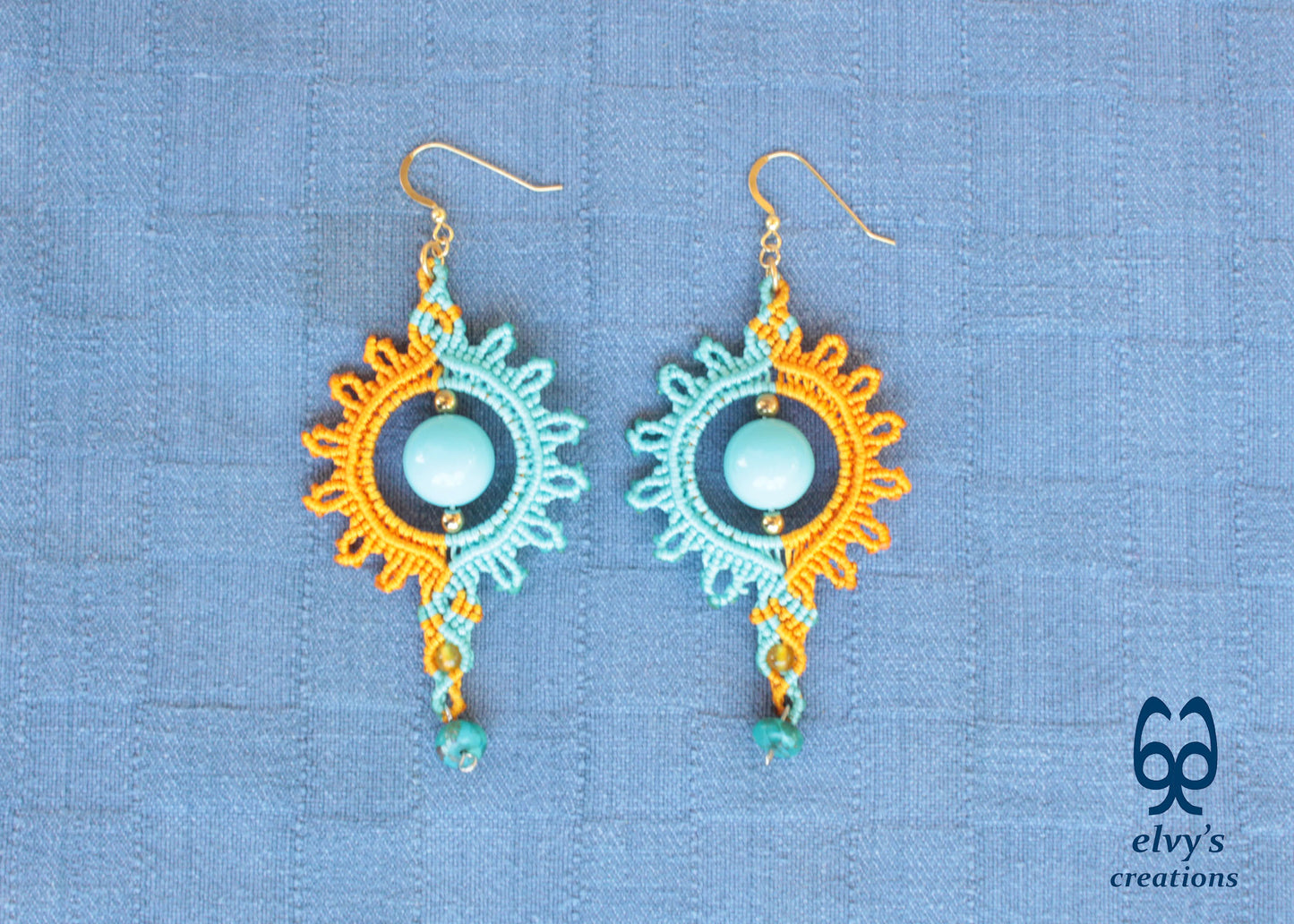 Yellow Macrame Earrings with Turquoise Gemstones Yellow Sun Dangle Agate Earrings
