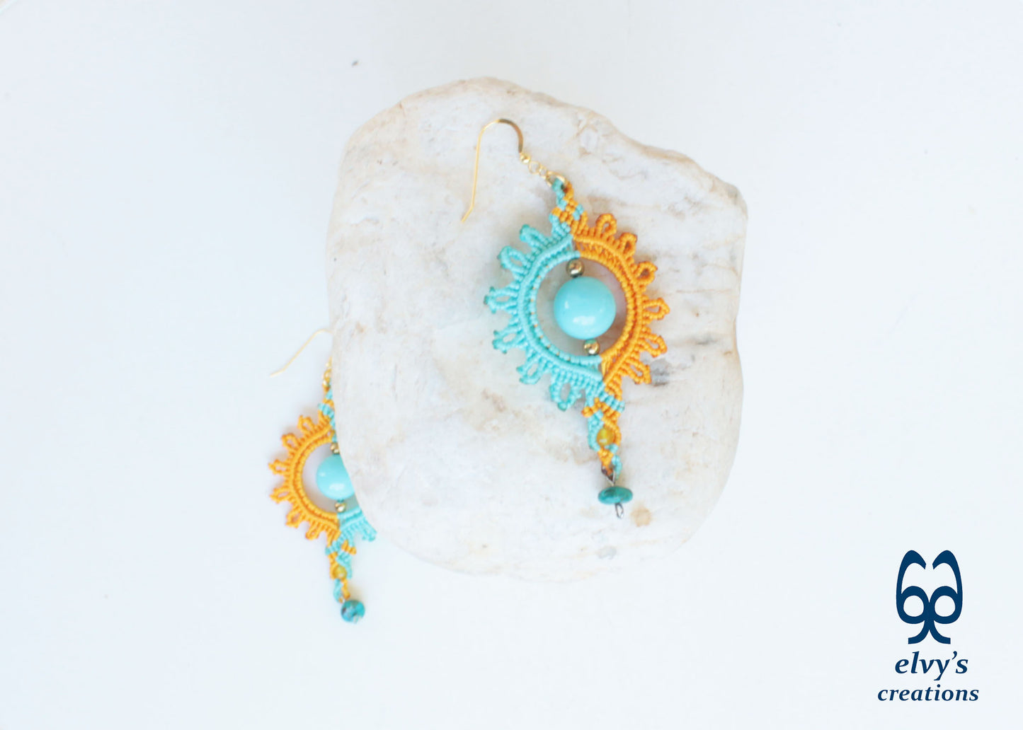 Yellow Macrame Earrings with Turquoise Gemstones Yellow Sun Dangle Agate Earrings