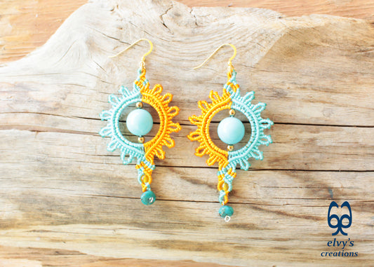 Yellow Macrame Earrings with Turquoise Gemstones Yellow Sun Dangle Agate Earrings