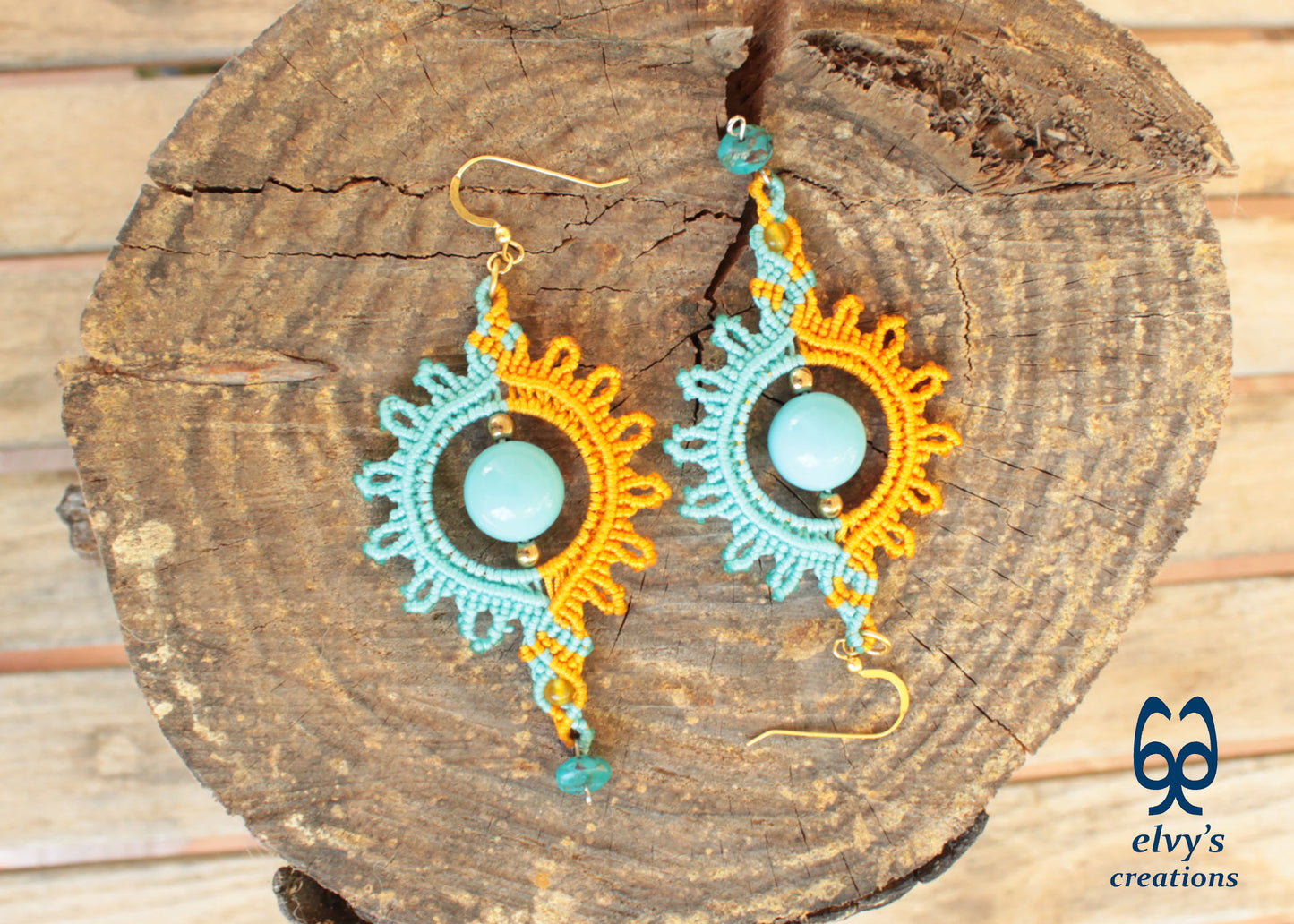 Yellow Macrame Earrings with Turquoise Gemstones Yellow Sun Dangle Agate Earrings