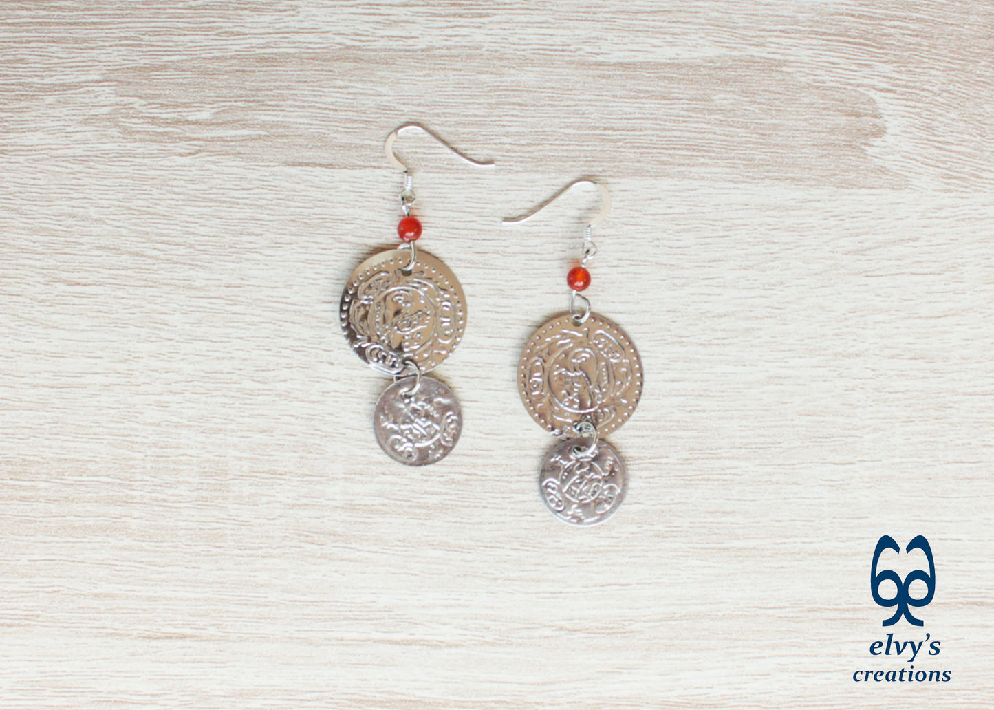 Silver Folklore Earrings Coin Dangle Drop Greek Traditional Jewelry 925 Sterling Silver Gypsy Jewelry Orange Carnelian Gemstone
