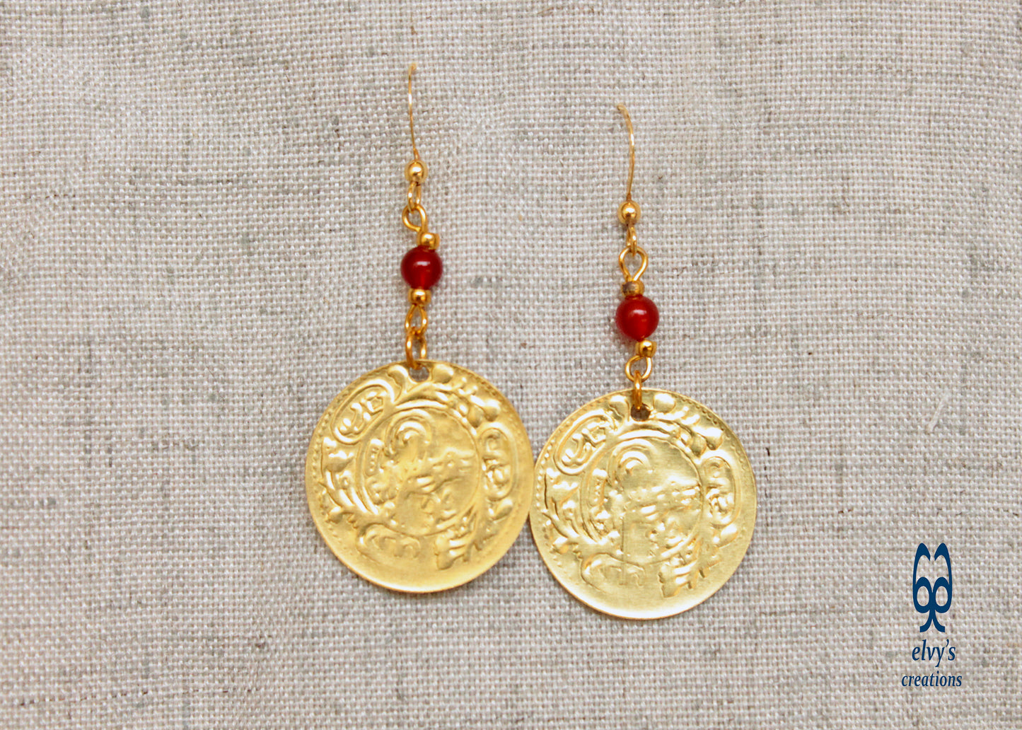 Greek Traditional Earrings Coin Dangle Drop Gold Folklore Jewelry 925 Sterling Silver Gold Plated Gypsy Jewelry Orange Carnelian Gemstone
