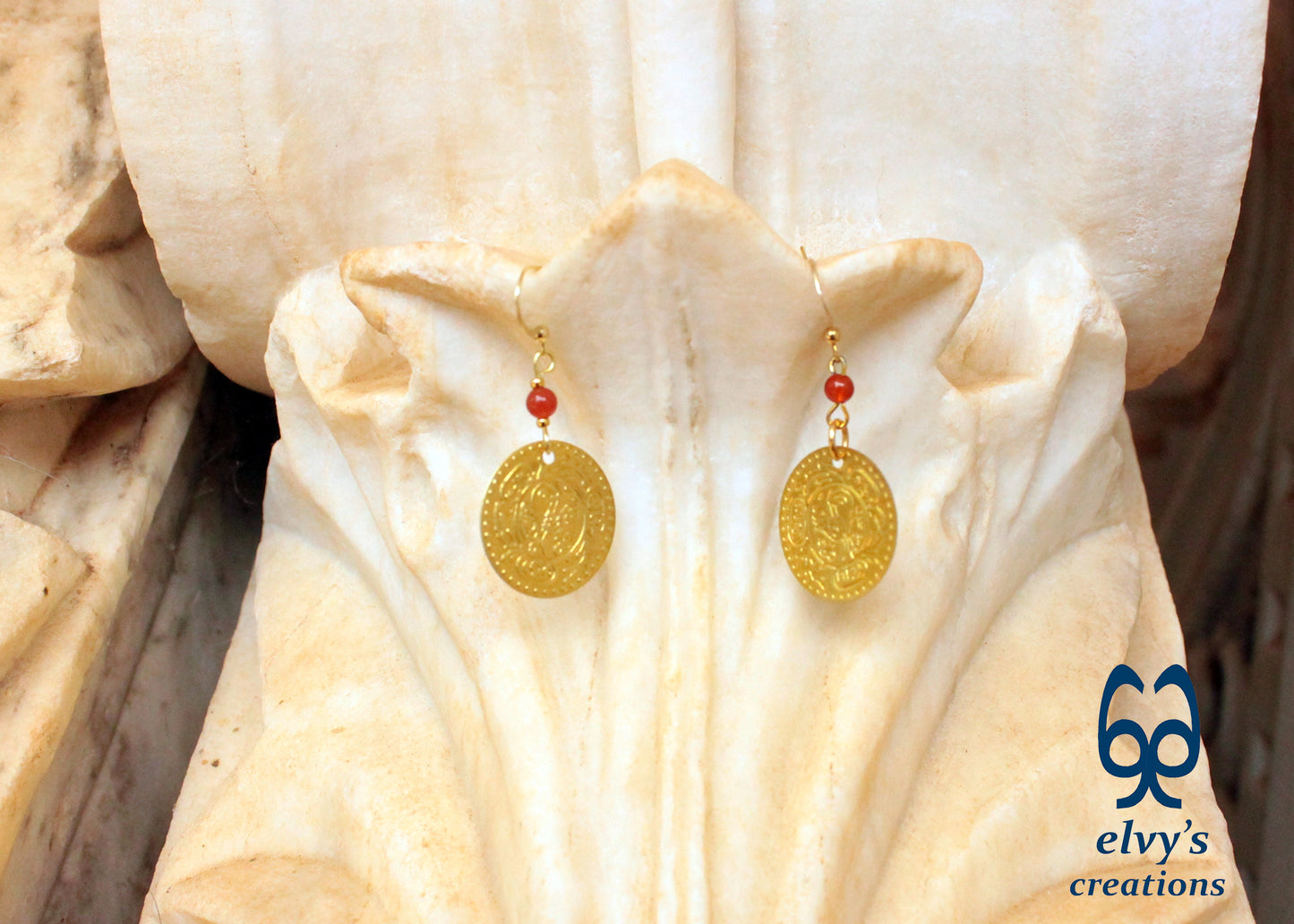 Gold Folklore Earrings, Coin Dangle Greek Traditional Jewelry, Sterling Silver Gold Plated Gypsy Jewelry, Carnelian Gemstone