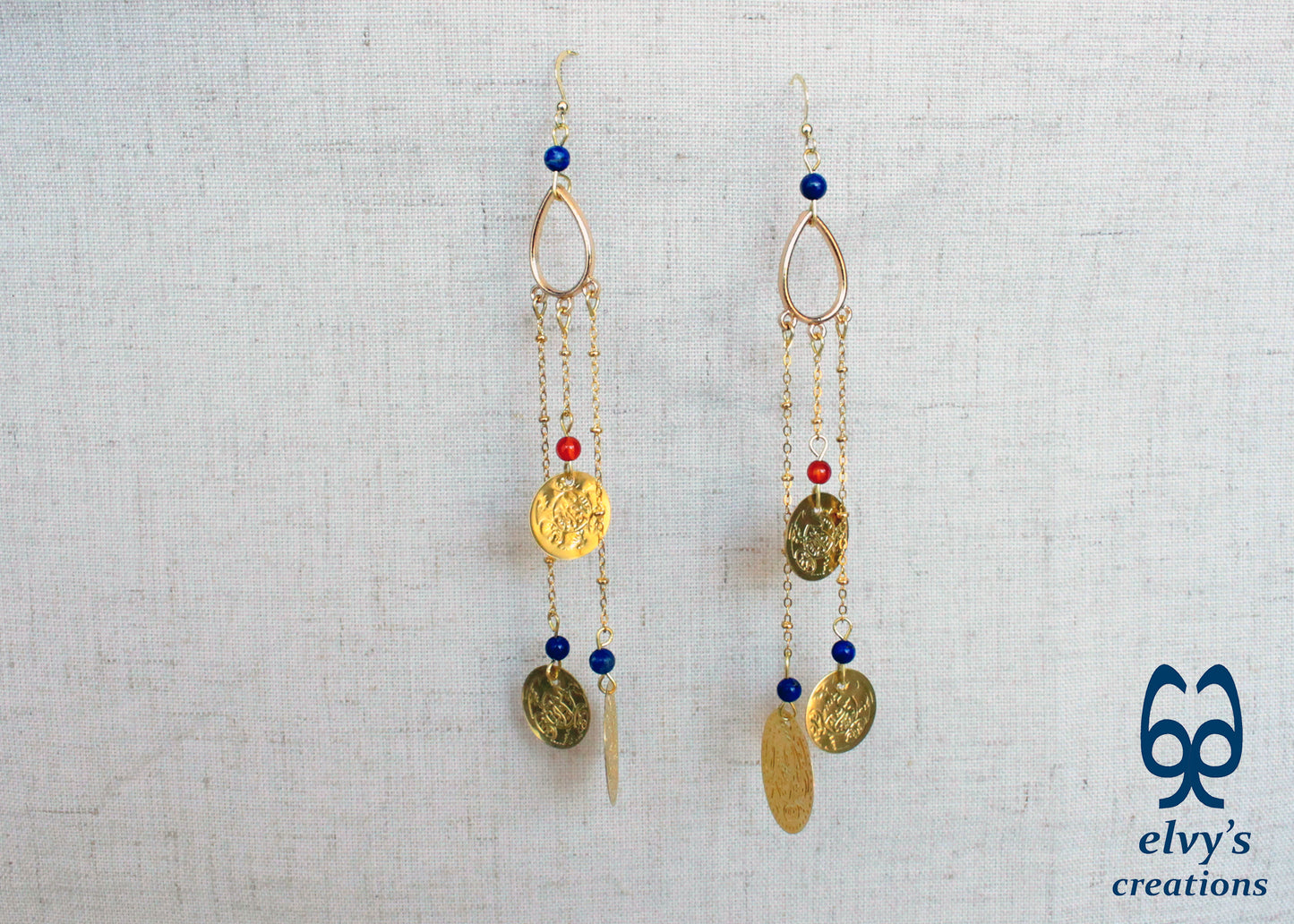 Gold Folklore Earrings, Coin Dangle Greek Traditional Jewelry, Sterling Silver Gold Plated Gypsy Jewelry, Carnelian Gemstone