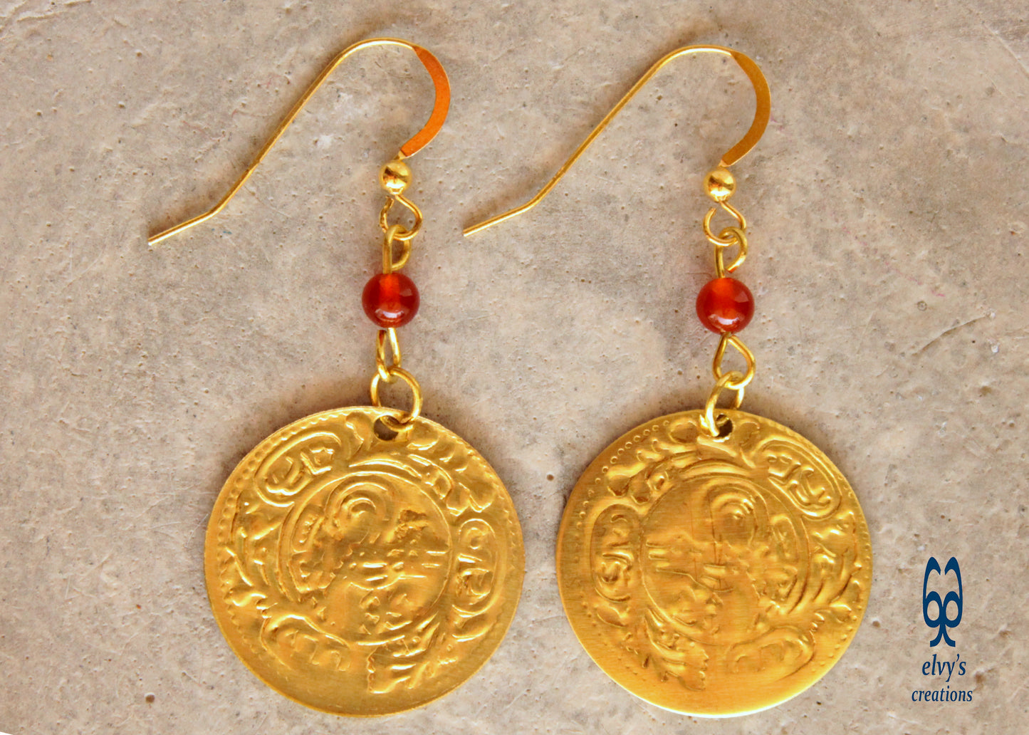 Greek Traditional Earrings Coin Dangle Drop Gold Folklore Jewelry 925 Sterling Silver Gold Plated Gypsy Jewelry Orange Carnelian Gemstone