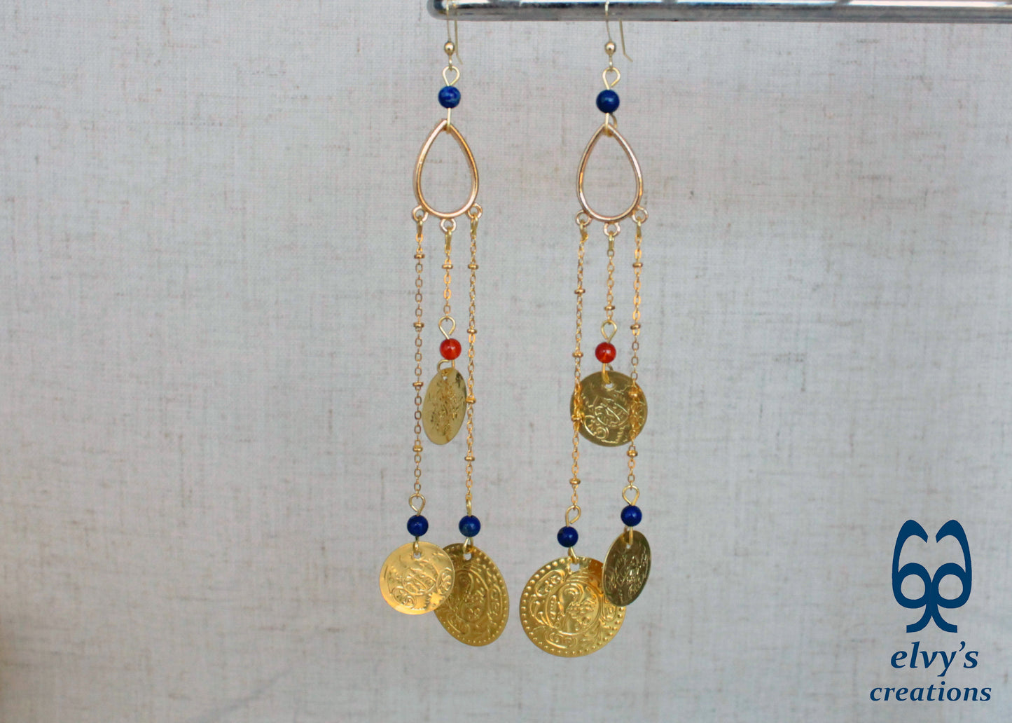 Gold Folklore Earrings, Coin Dangle Greek Traditional Jewelry, Sterling Silver Gold Plated Gypsy Jewelry, Carnelian Gemstone