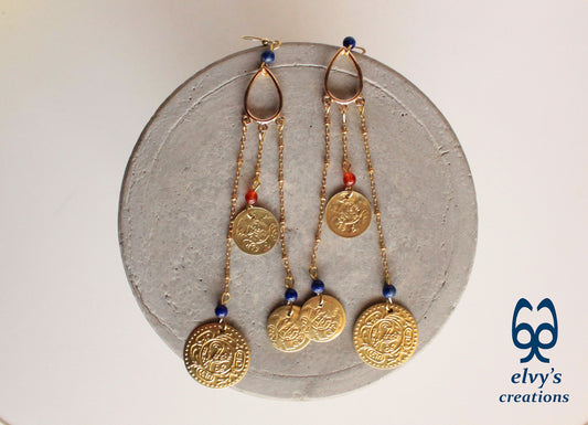 Gold Folklore Earrings, Coin Dangle Greek Traditional Jewelry, Sterling Silver Gold Plated Gypsy Jewelry, Carnelian Gemstone