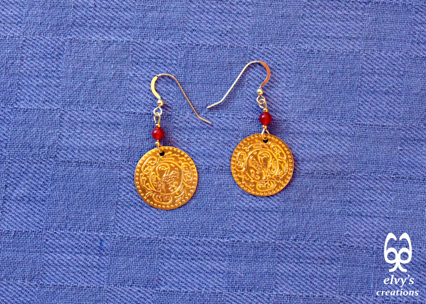 Gold Folklore Earrings, Coin Dangle Greek Traditional Jewelry, Sterling Silver Gold Plated Gypsy Jewelry, Carnelian Gemstone