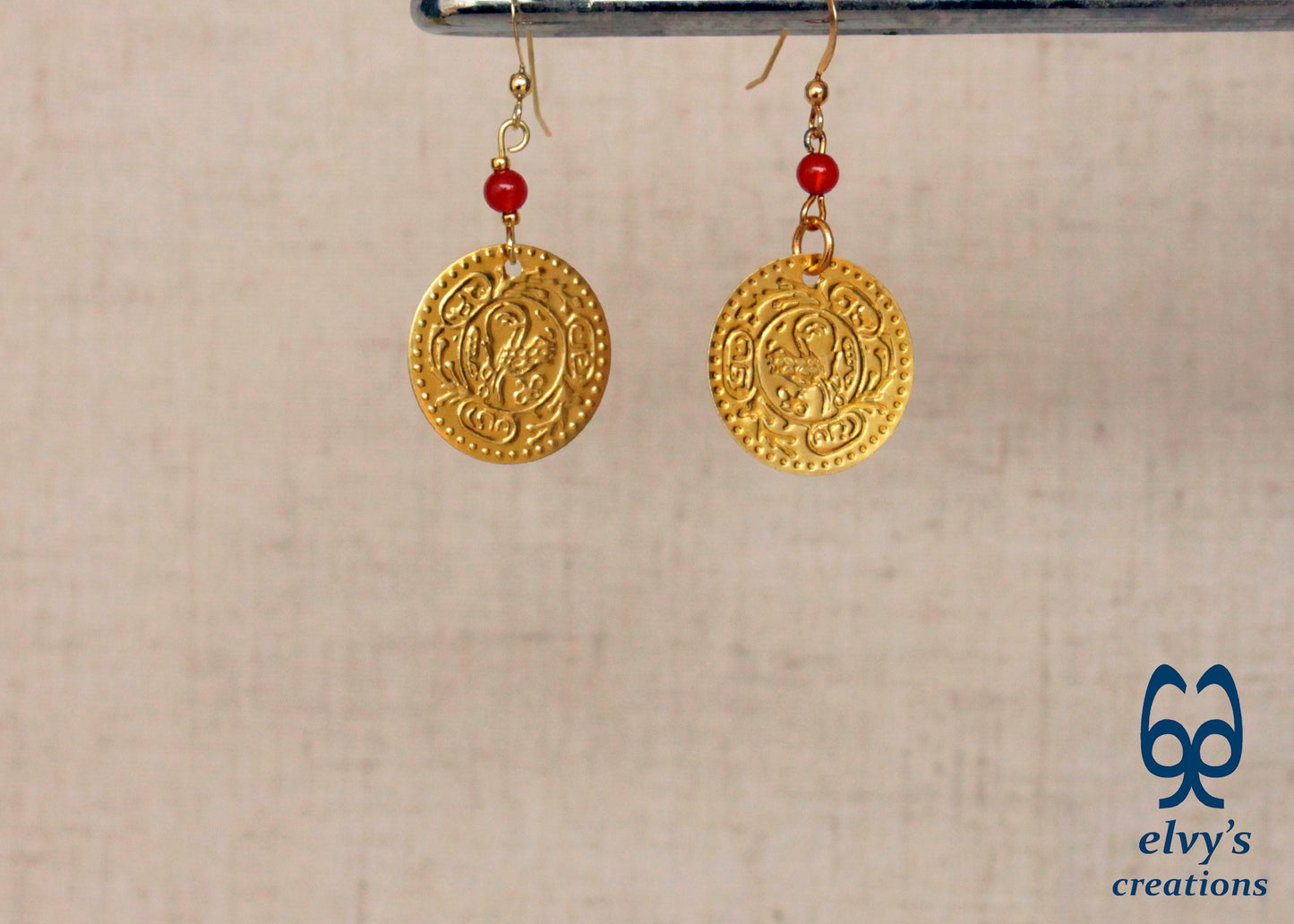Gold Folklore Earrings, Coin Dangle Greek Traditional Jewelry, Sterling Silver Gold Plated Gypsy Jewelry, Carnelian Gemstone