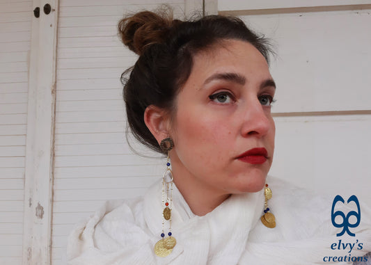 Gold Folklore Earrings, Coin Dangle Greek Traditional Jewelry, Sterling Silver Gold Plated Gypsy Jewelry, Carnelian Gemstone